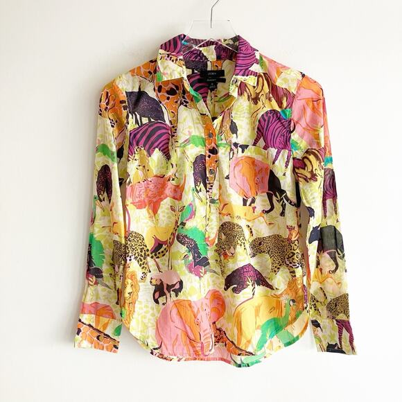 J.CREW Tops - J Crew Women Classic Popover Blouse Sz 0 Safari Ratti Animals AN100 100% Cotton